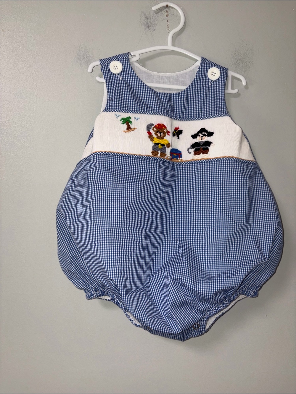 Remember Nguyen Blue Smocked Bear Pirates Treasure Chest Bubble Romper 12M Boys